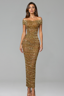 Off Shoulder Crystal Mesh Midi Dress - LAROSABRIDE