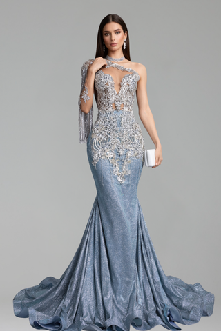 Beaded One-Shoulder Mermaid Dress - LAROSABRIDE