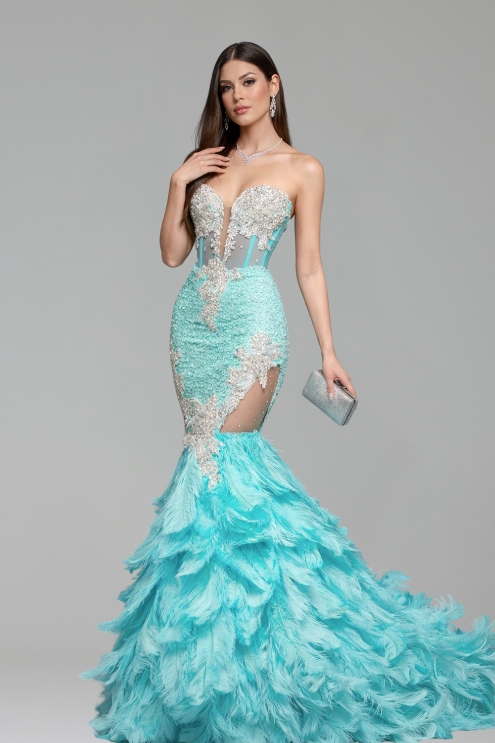 Strapless Beaded Feather Mermaid Dress - LAROSABRIDE