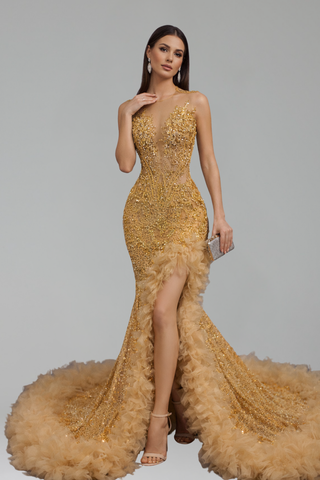 Gold Embellished High Slit Feathered Gown - LAROSABRIDE