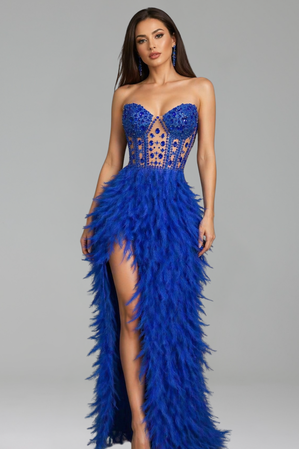 Feathered High-Slit Rhinestone Dress - LAROSABRIDE