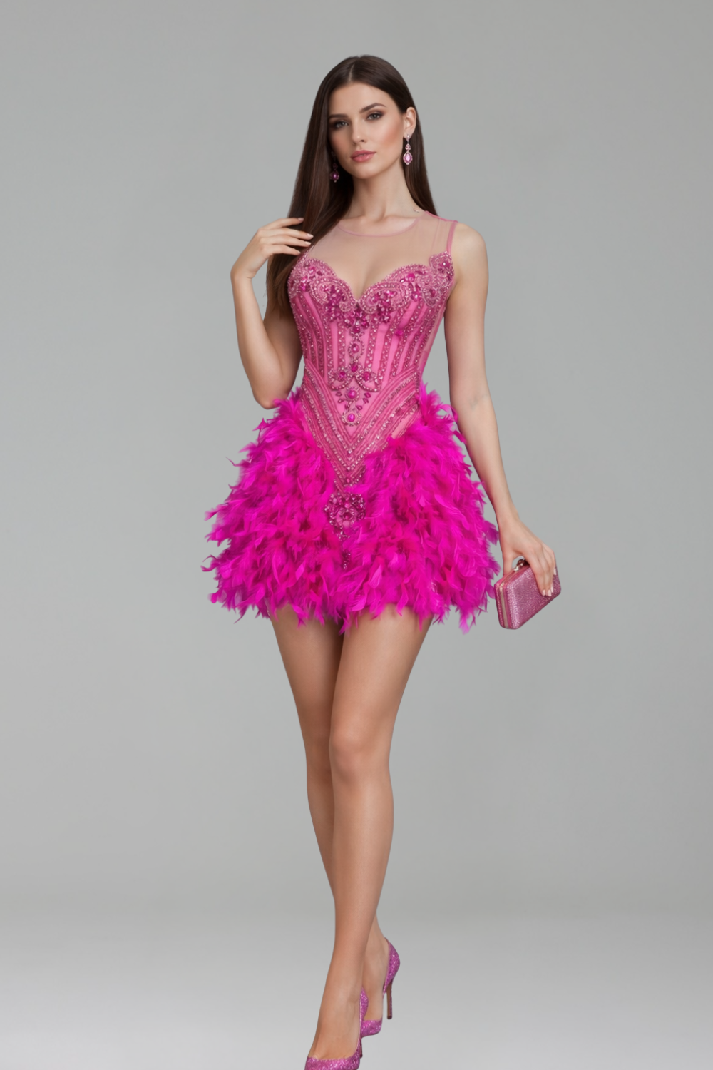 Beaded Corset Feather Skirt Mini Dress - LAROSABRIDE