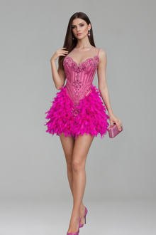 Beaded Corset Feather Skirt Mini Dress - LAROSABRIDE