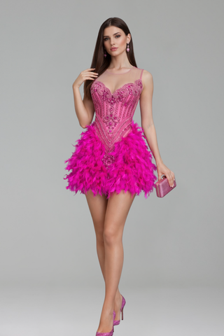 Beaded Corset Feather Skirt Mini Dress