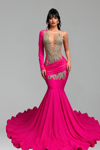 Embellished One-Sleeve Mermaid Gown - LAROSABRIDE