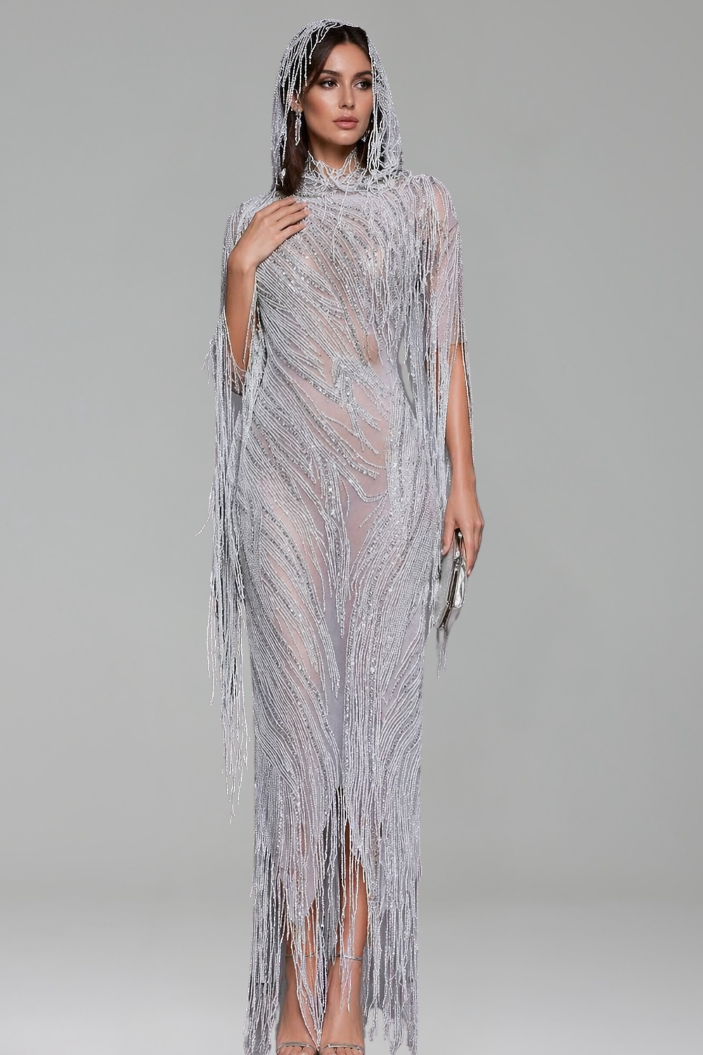 Beaded Fringe Hooded Sheer Gown - LAROSABRIDE