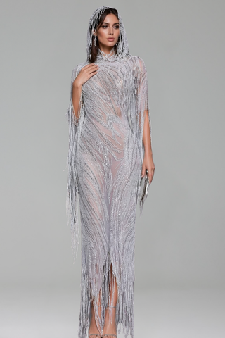 Beaded Fringe Hooded Sheer Gown - LAROSABRIDE