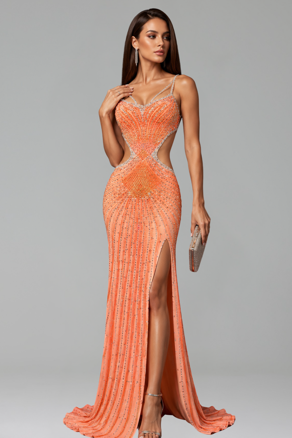 Embellished Cutout High Slit Gown - LAROSABRIDE