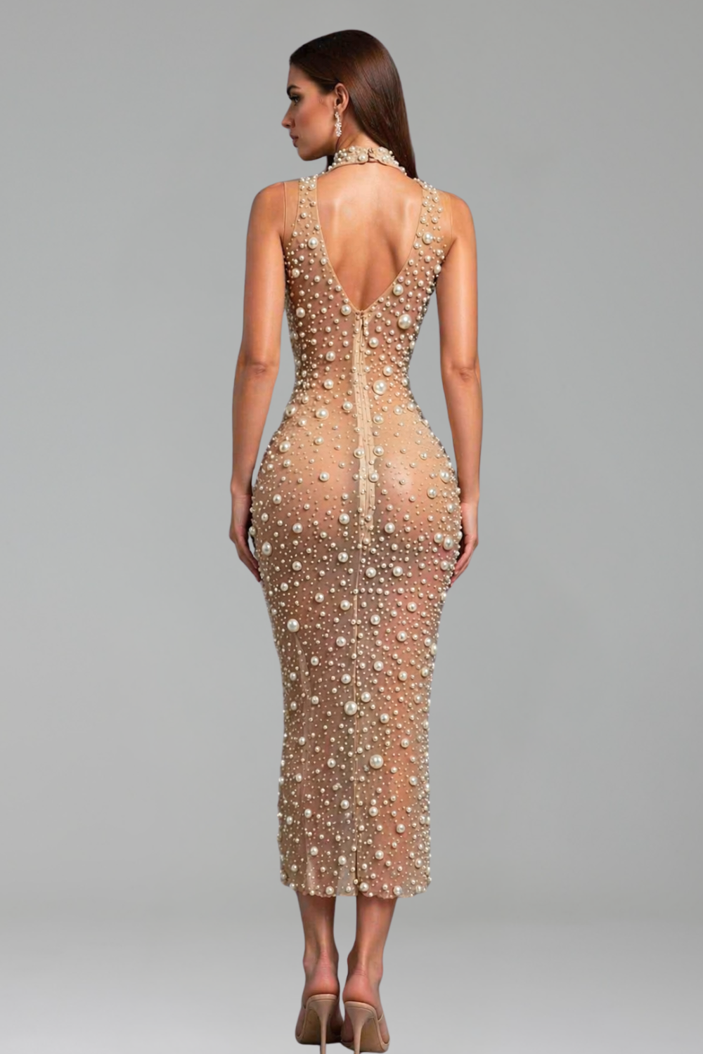 High Neck Pearl Embellished Gown - LAROSABRIDE
