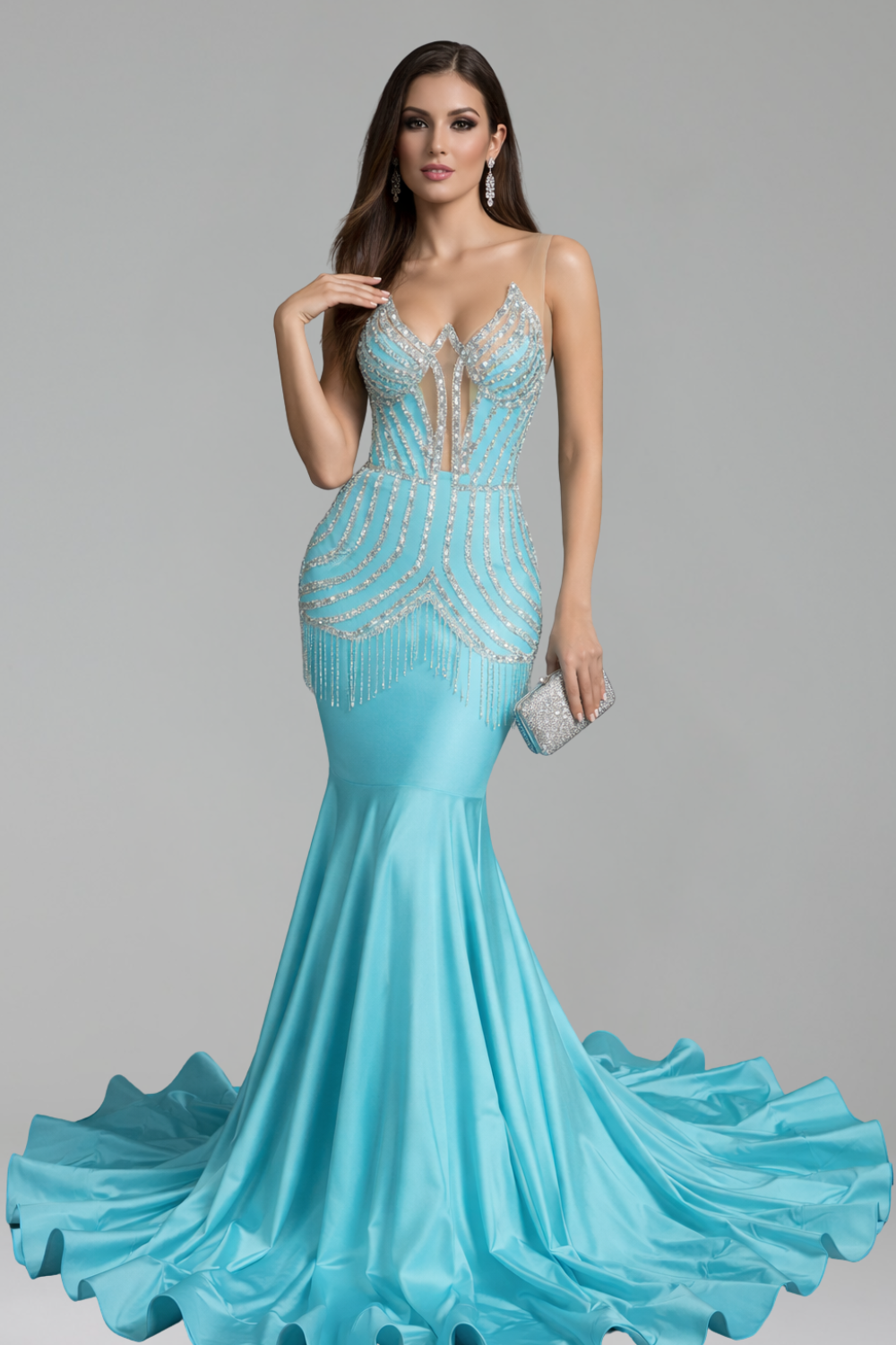 Beaded Fringe Illusion Mermaid Gown - LAROSABRIDE