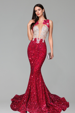 Red Sequin Illusion Mermaid Gown - LAROSABRIDE