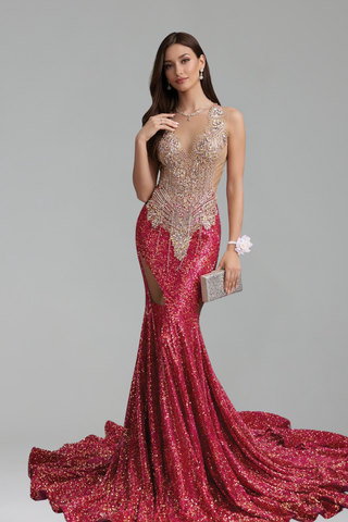 Beaded Illusion Mermaid Train Gown