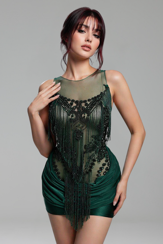 Sheer Fringe Embellished Mini Dress - LAROSABRIDE