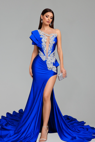 Royal Blue Embellished High Slit Gown - LAROSABRIDE