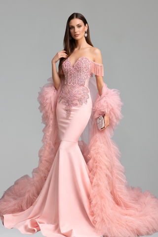 Blush Embellished Off Shoulder Mermaid Gown - LAROSABRIDE