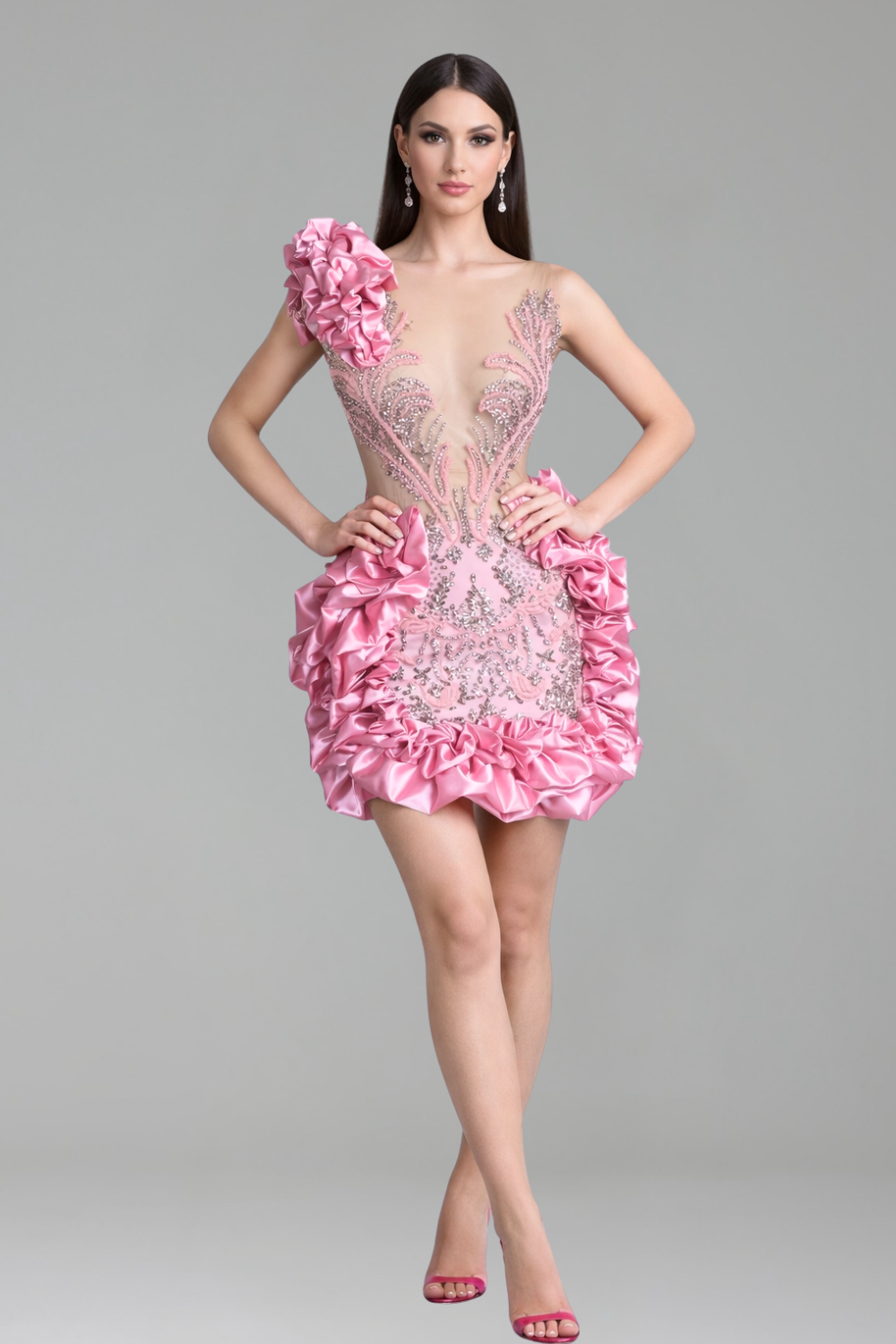 Ruffled One-Shoulder Embellished Mini Dress - LAROSABRIDE