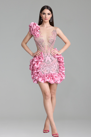 Ruffled One-Shoulder Embellished Mini Dress - LAROSABRIDE