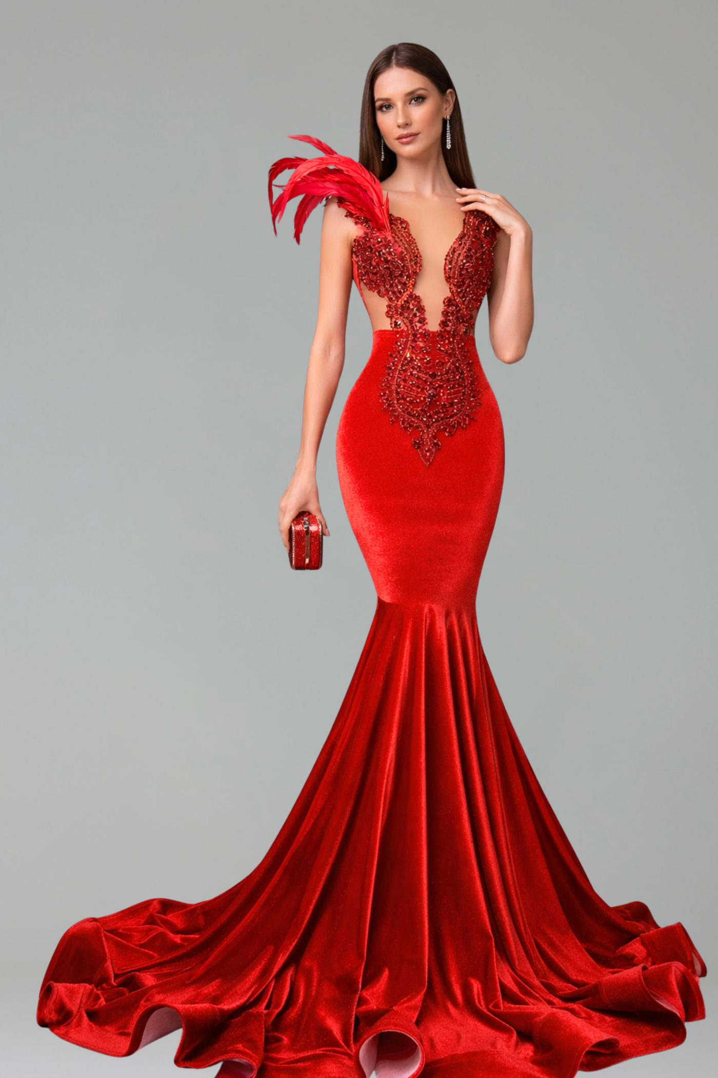 Feather Shoulder Embellished Mermaid Gown - LAROSABRIDE