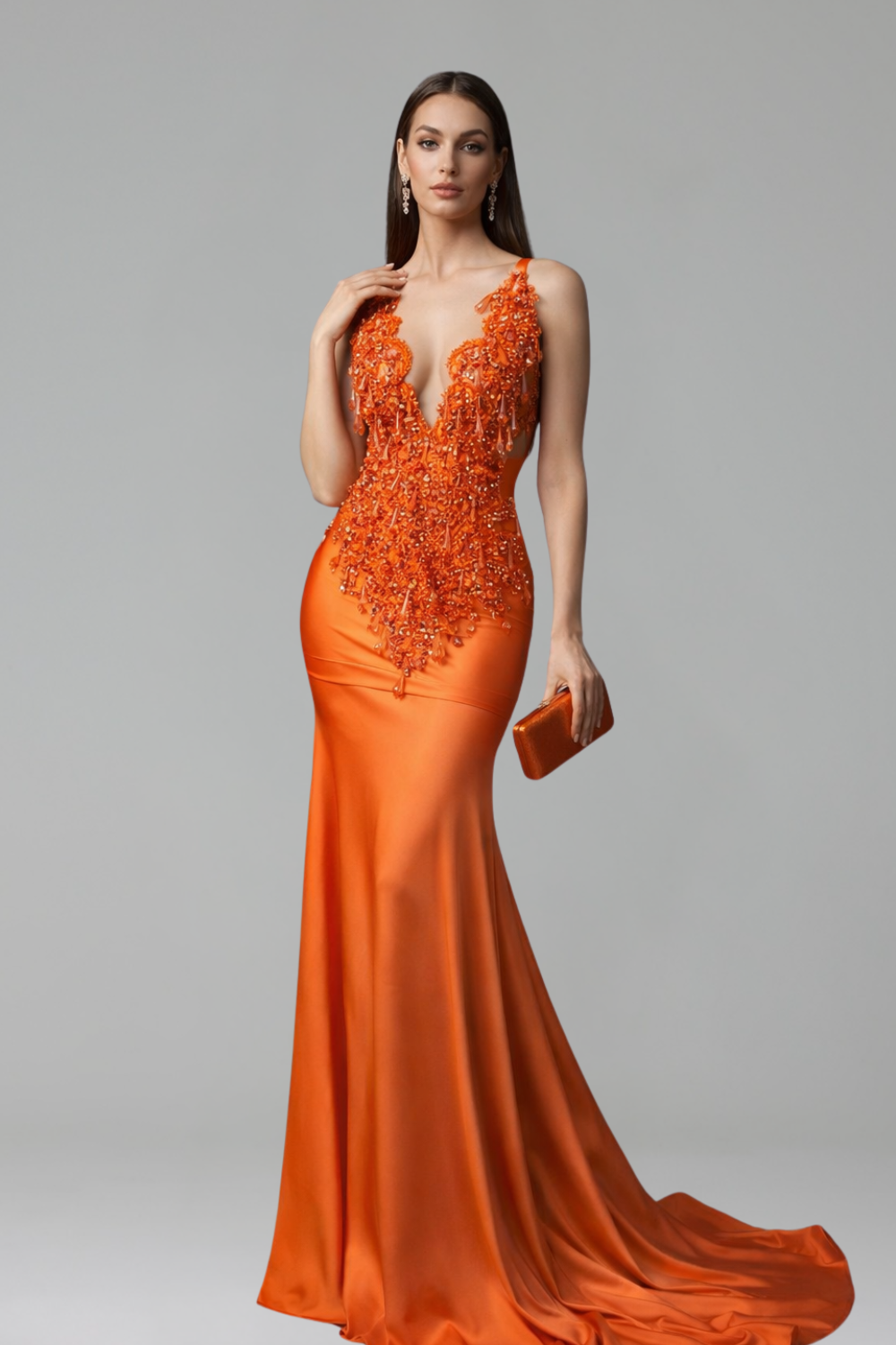 Embellished Deep V Mermaid Gown - LAROSABRIDE