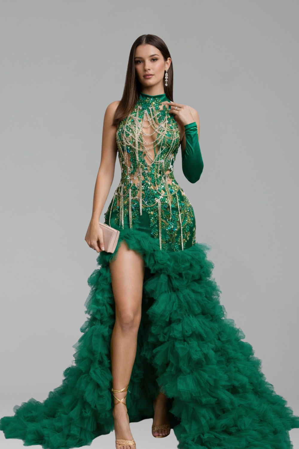 Beaded Tulle High Slit Gown - LAROSABRIDE