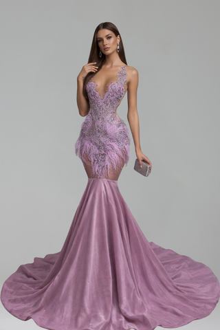Feather Embellished Mermaid Gown - LAROSABRIDE