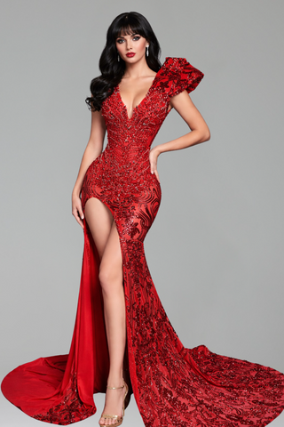 Asymmetric Beaded High Slit Gown - LAROSABRIDE