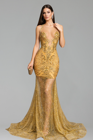 Illusion Halter Embellished Mermaid Gown