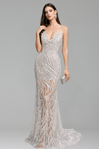 Beaded Sheer Mermaid Gown - LAROSABRIDE