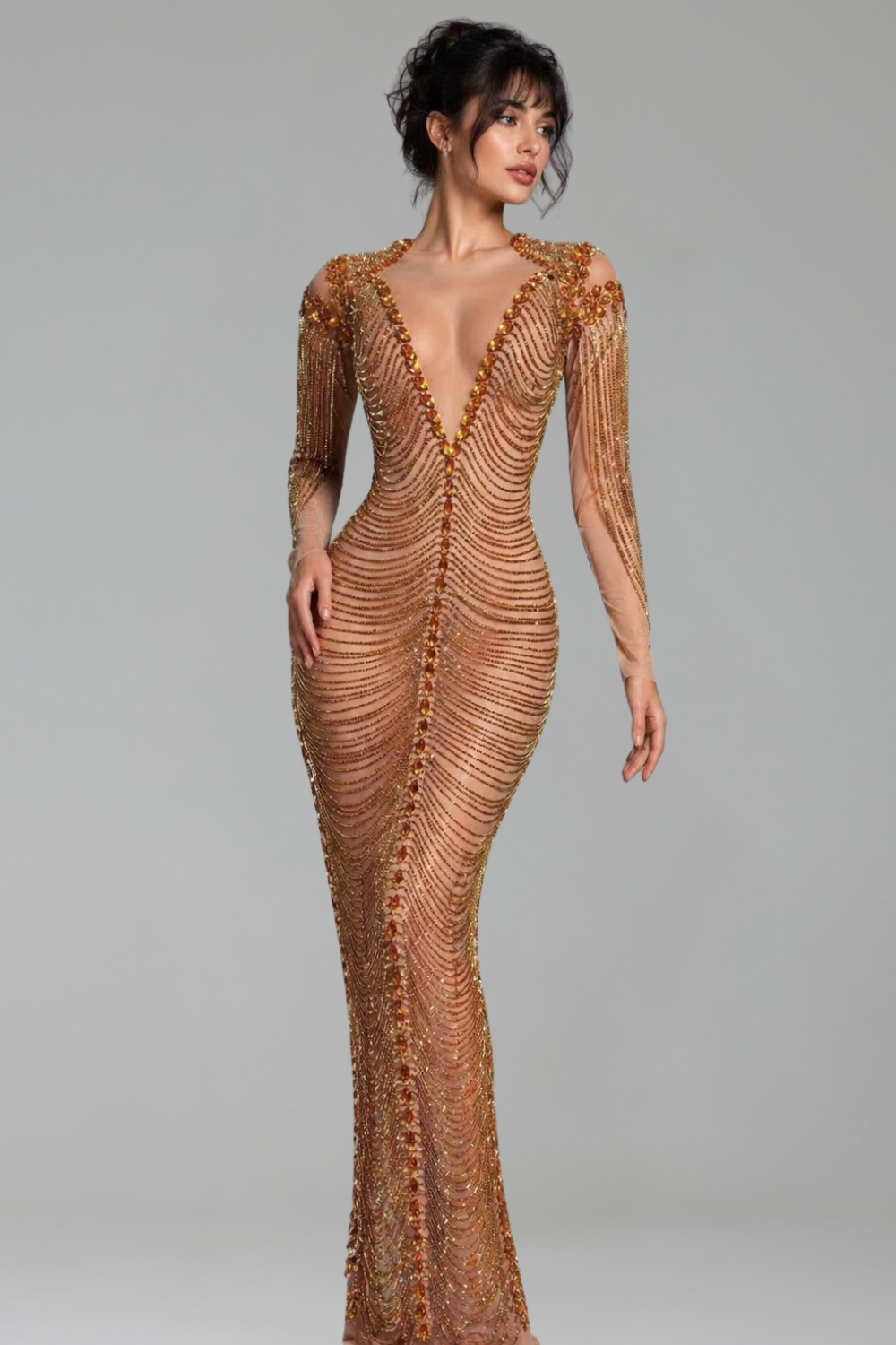 Deep V Neck Chain Embellished Gown - LAROSABRIDE