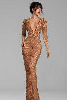Deep V Neck Chain Embellished Gown - LAROSABRIDE