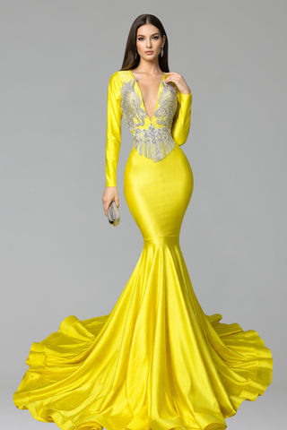 Long Sleeve Embellished Mermaid Gown - LAROSABRIDE