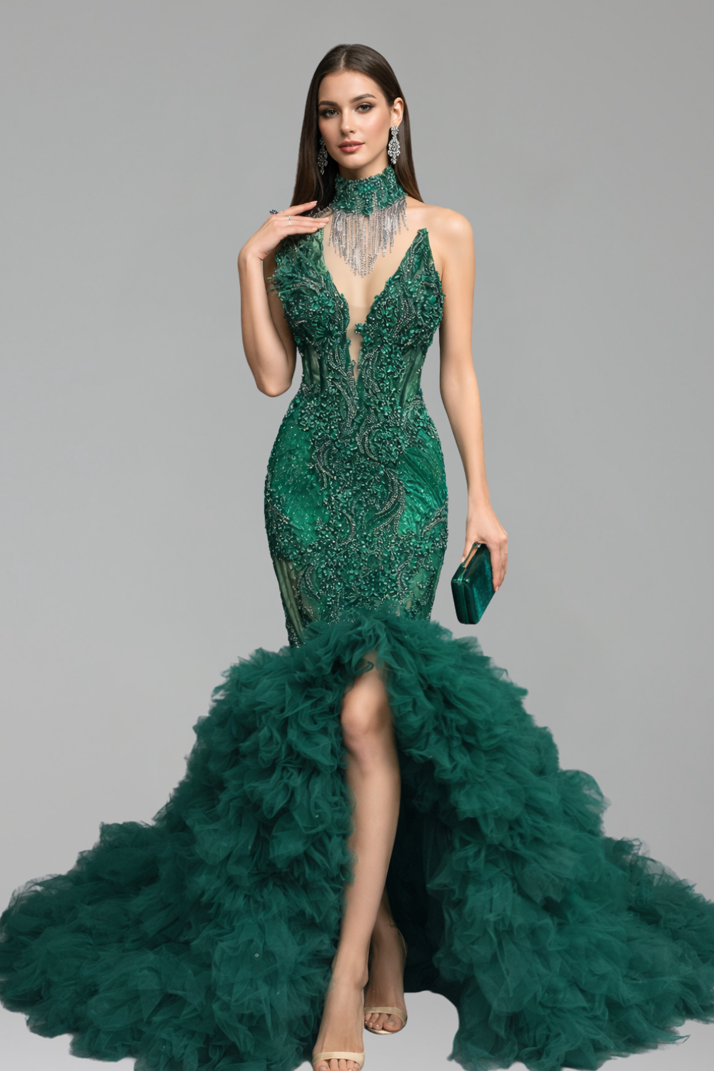 Choker Neck Beaded Mermaid Dress - LAROSABRIDE