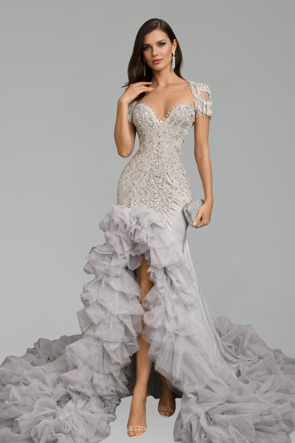Beaded Ruffle High-Low Evening Dress - LAROSABRIDE