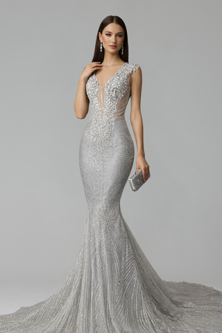 Embellished Illusion Neck Mermaid Gown