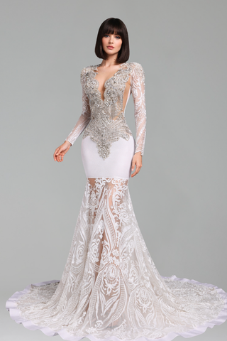 Lace Sheer Long Sleeve Mermaid Gown - LAROSABRIDE