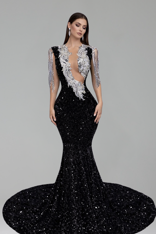 Black Sequin Illusion Fringe Sleeve Gown - LAROSABRIDE