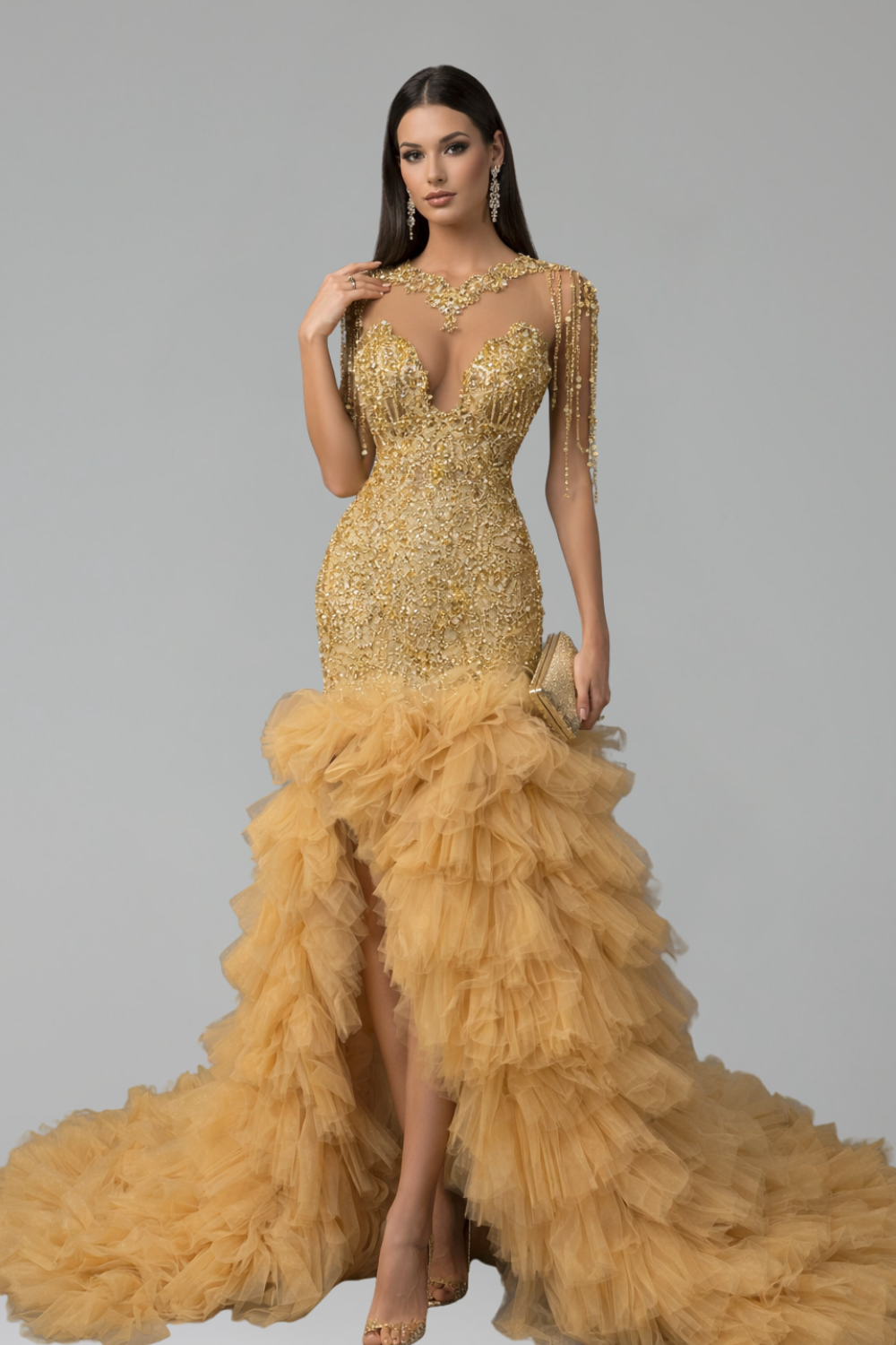 Beaded Ruffle Mermaid Dress - LAROSABRIDE