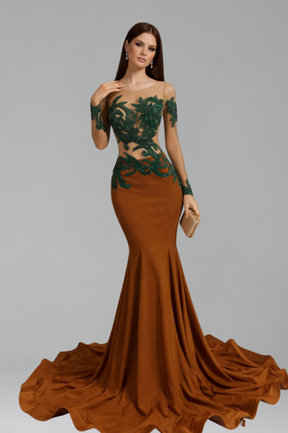 Illusion Appliqué Mermaid Evening Gown