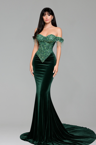 Off Shoulder Beaded Velvet Gown - LAROSABRIDE