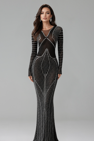 Embellished Illusion Long Sleeve Gown