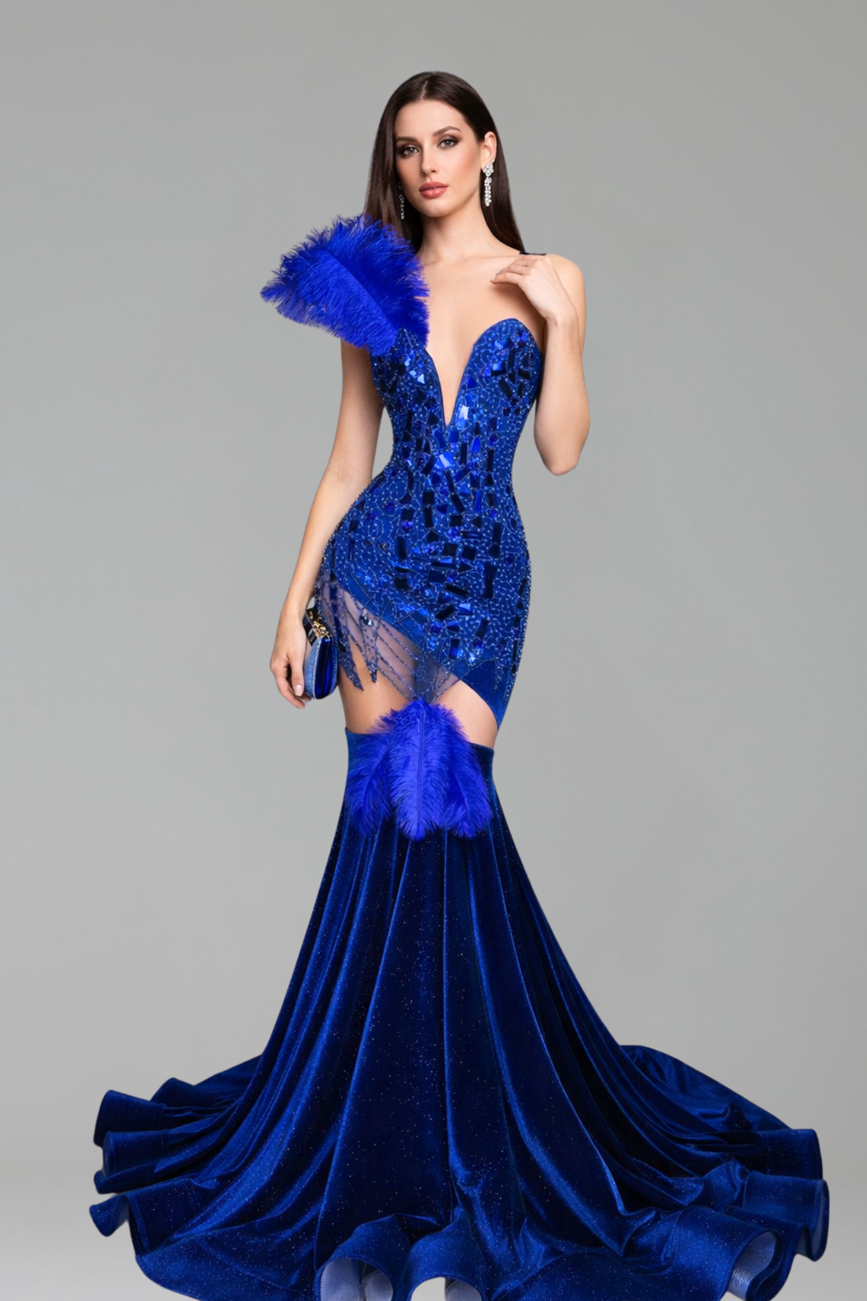 Feather Accent Embellished Mermaid Gown - LAROSABRIDE