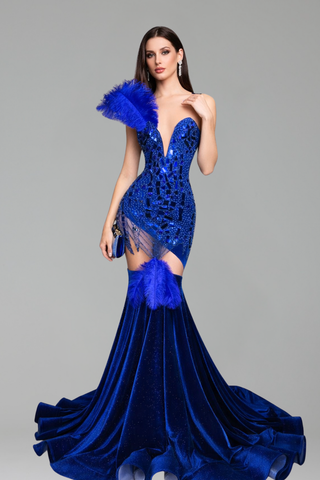 Feather Accent Embellished Mermaid Gown - LAROSABRIDE