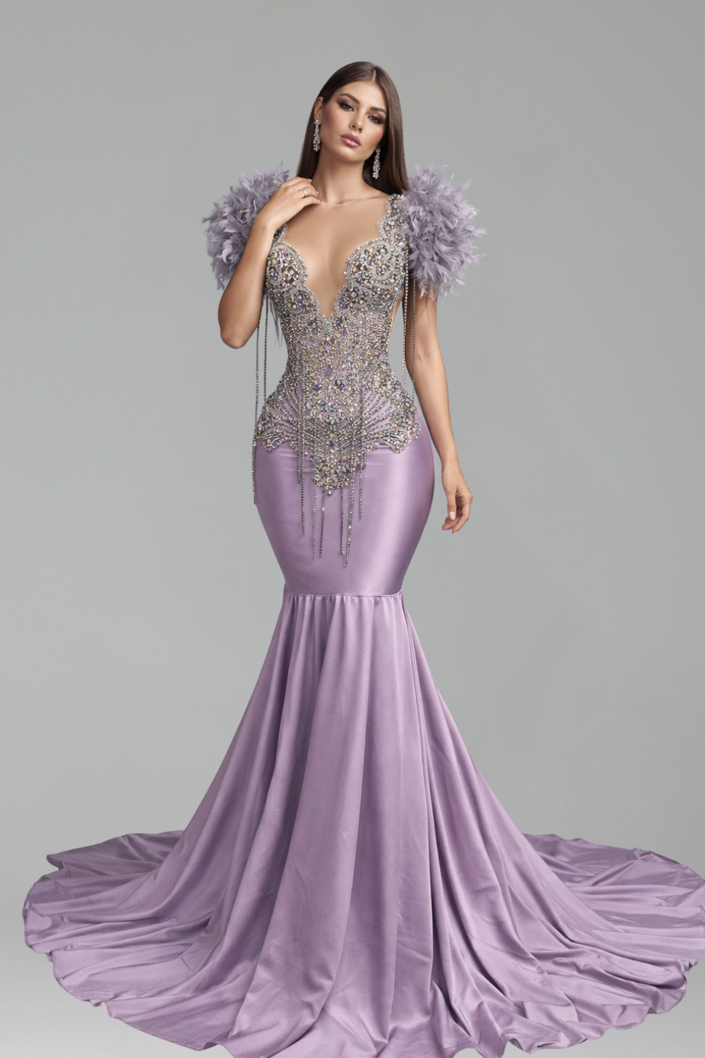 Lavender Beaded Feathered Mermaid Gown - LAROSABRIDE
