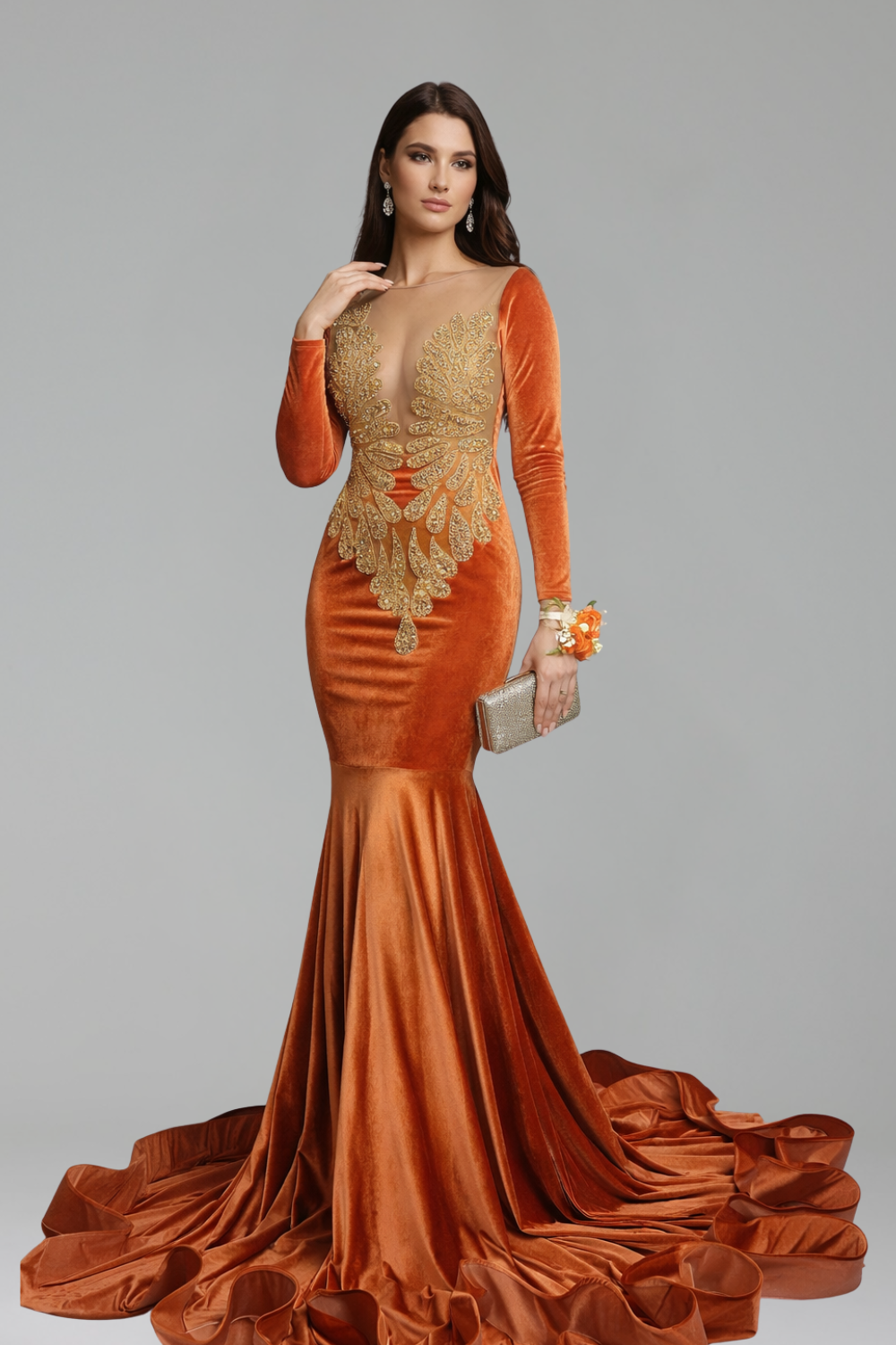 Long Sleeve Beaded Mermaid Gown - LAROSABRIDE