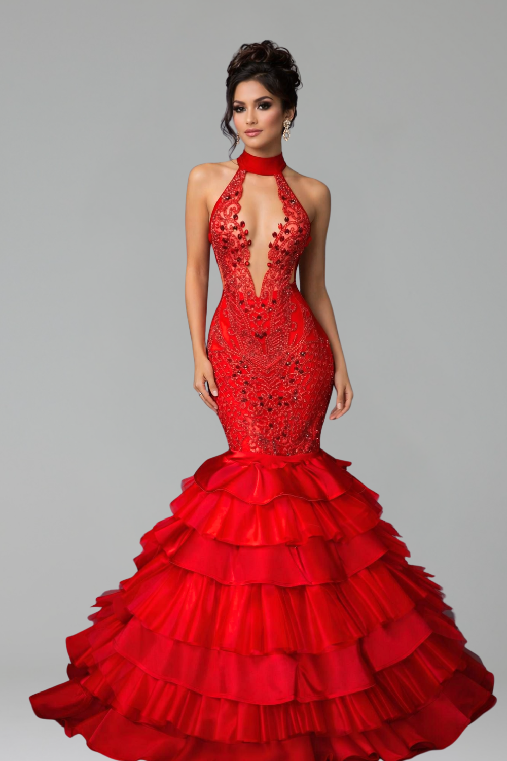 Beaded Ruffle Mermaid Gown - LAROSABRIDE