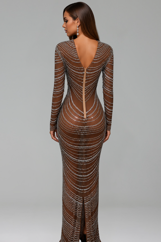 Sheer Embellished Long Sleeve Gown