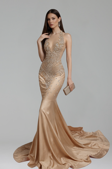 Deep V Beaded Mermaid Gown - LAROSABRIDE