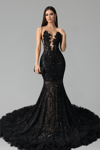 Beaded Lace Feather Train Dress