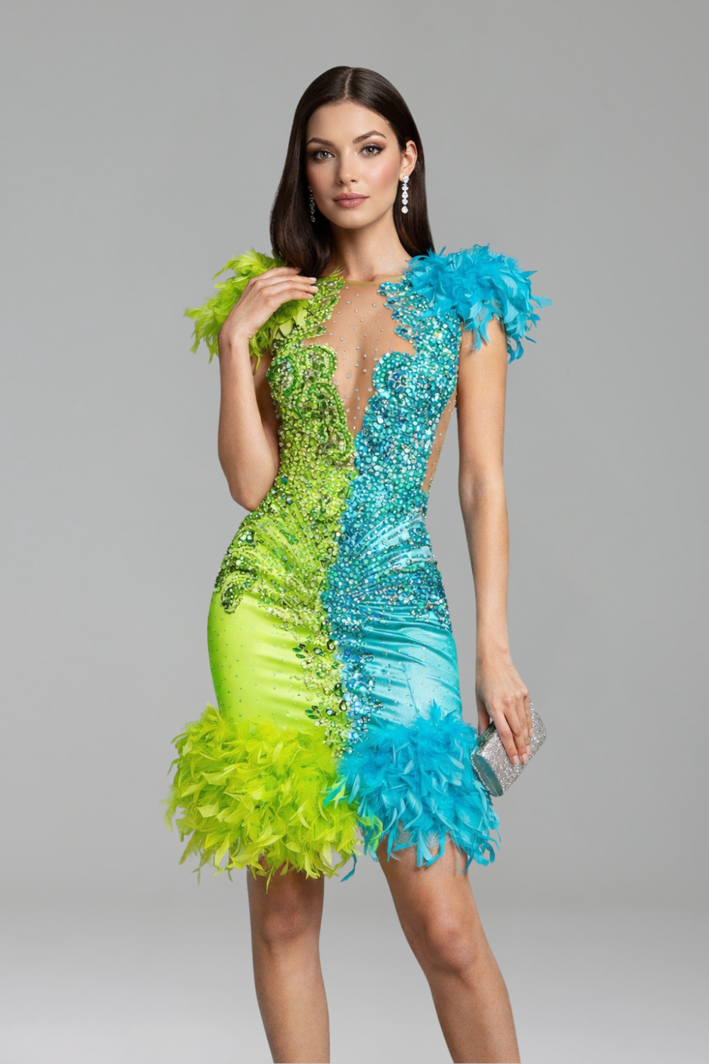 Two-Tone Feather Embellished Mini Dress - LAROSABRIDE