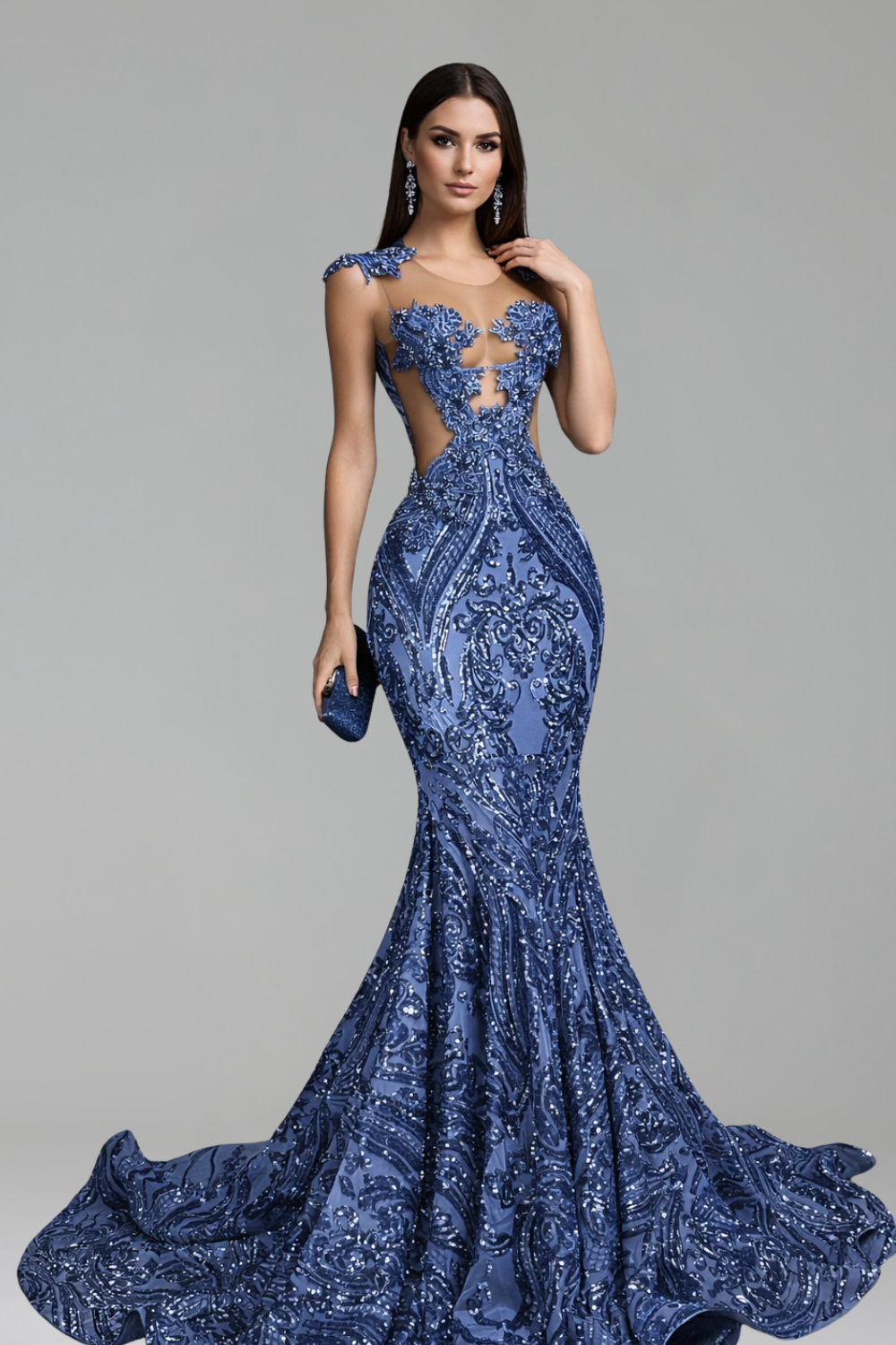 Sheer Illusion Beaded Mermaid Gown with Train - LAROSABRIDE